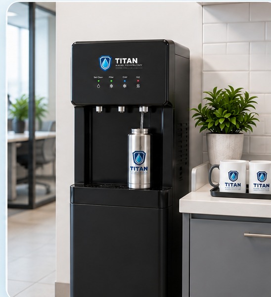 Black bottleless water dispenser in a modern commercial office setting